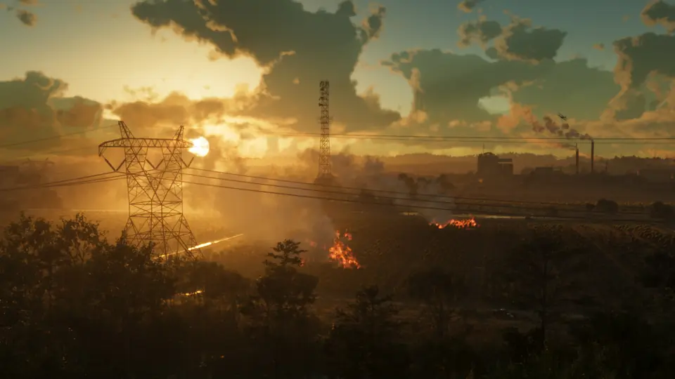 Crop fields burning at sunset in Ambrosia.
