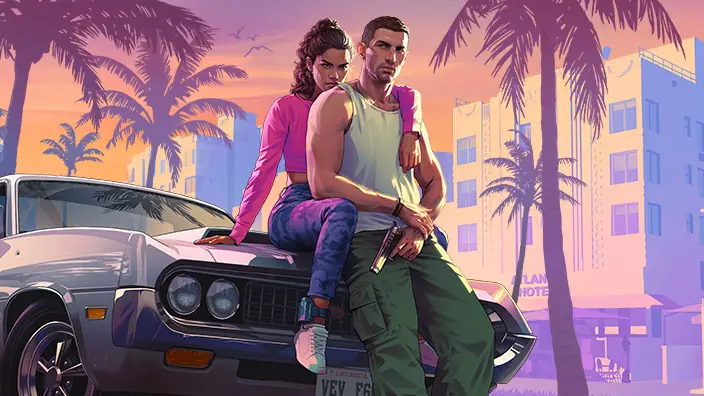 Trailer 1 artwork: Lucia and Jason on the bonnet of a car in Vice City.