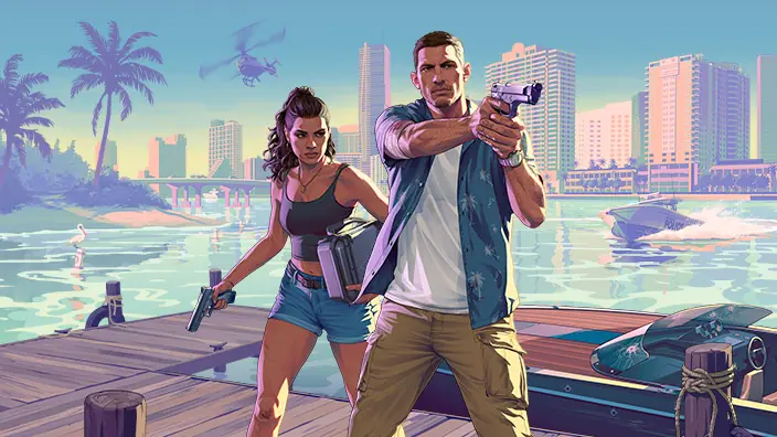 Trailer 2 artwork: Lucia and Jason with handguns on a jetty.