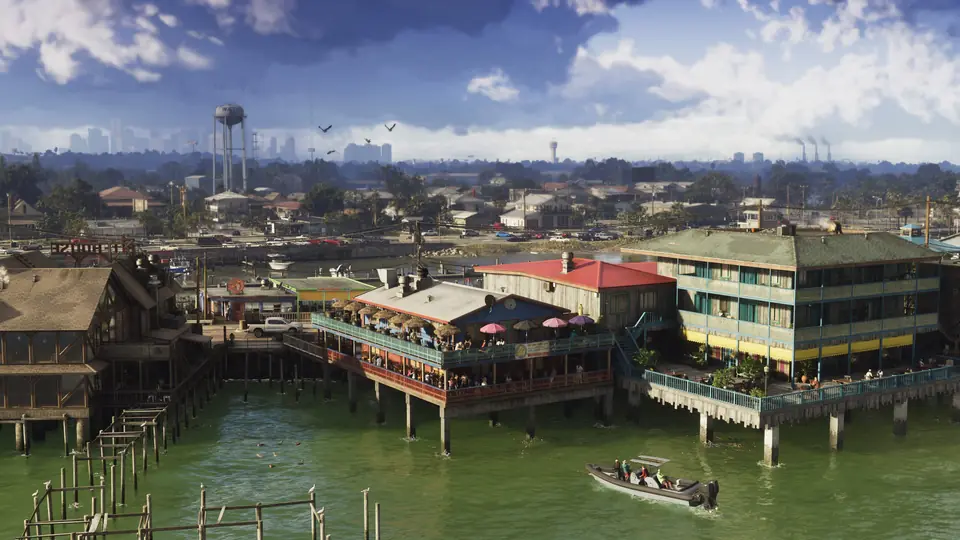 A speedboat heads for buildings on piers in the Grassrivers.
