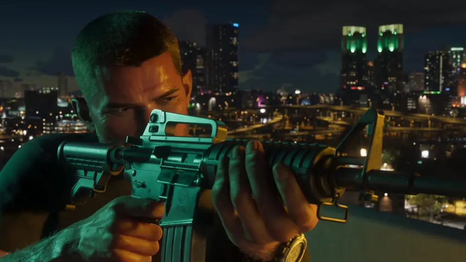 Jason Duval aims a rifle at night, the city behind him.