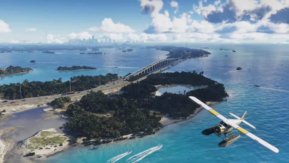 A seaplane over the Leonida Keys, with a long bridge linking two islands.