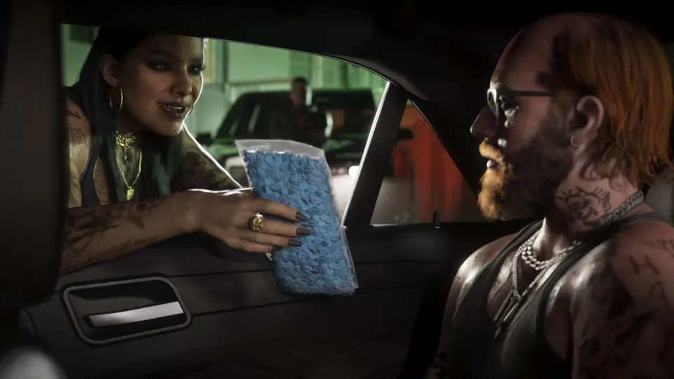 A woman hands a package through a car window in Port Gellhorn.