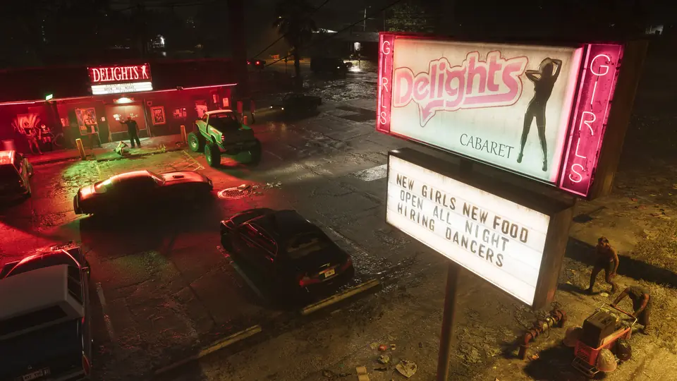 The car park of a cabaret club in Port Gellhorn at night.