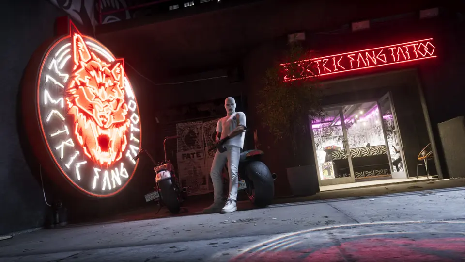 The Electric Fang Tattoo shop at night.