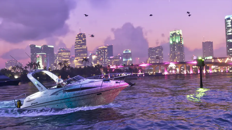 A Squalo speedboat on the water at dusk, the city behind.