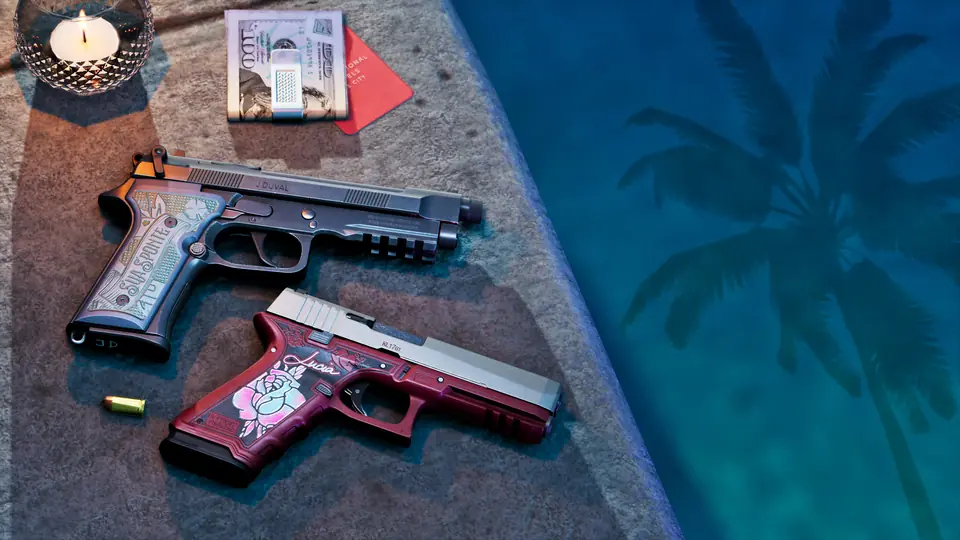 Two custom handguns on a table by a pool.