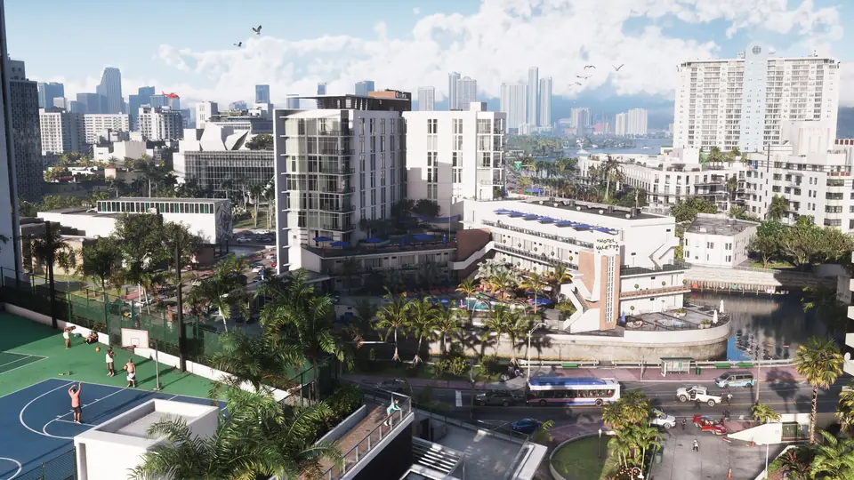Vice City from above: palm trees, apartment blocks and a basketball court.