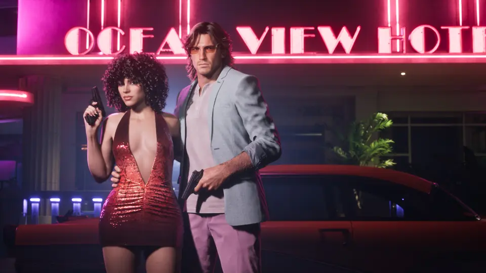 Two characters in 1980s outfits outside a neon hotel.