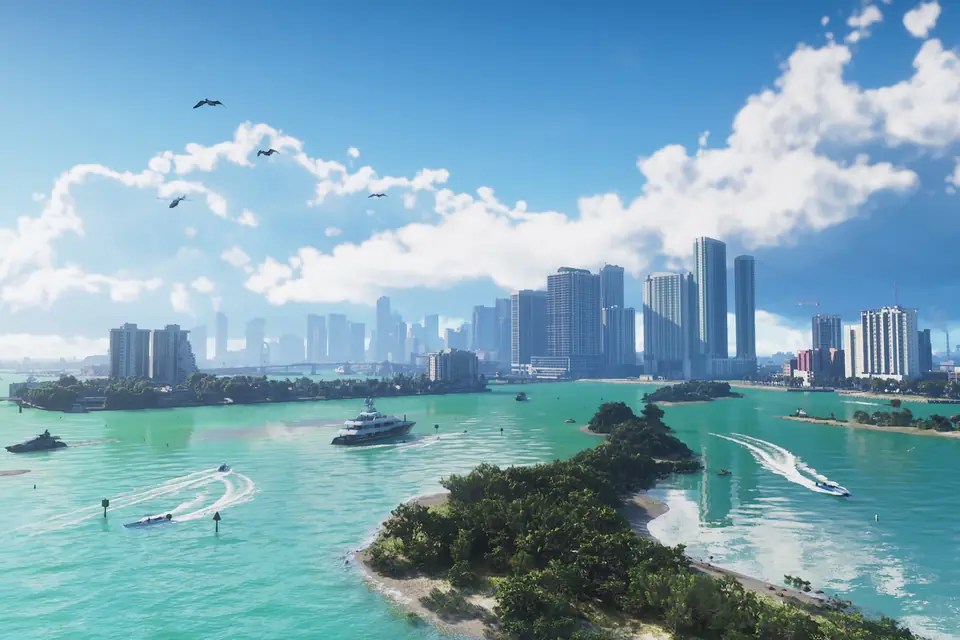 The Vice City skyline across turquoise water.