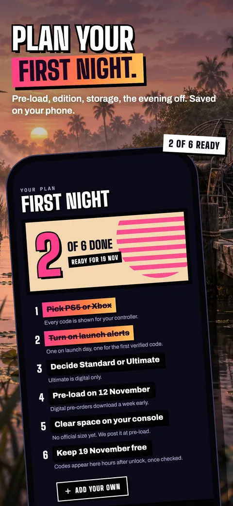 Vicedex first night plan: a launch checklist, two of six ready.